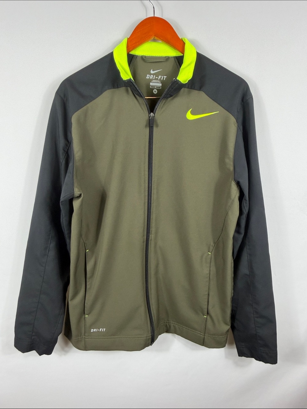 Nike Dri-FIT Men's Olive Green & Black Full-Zip Jacket with Volt Accents. Size M
